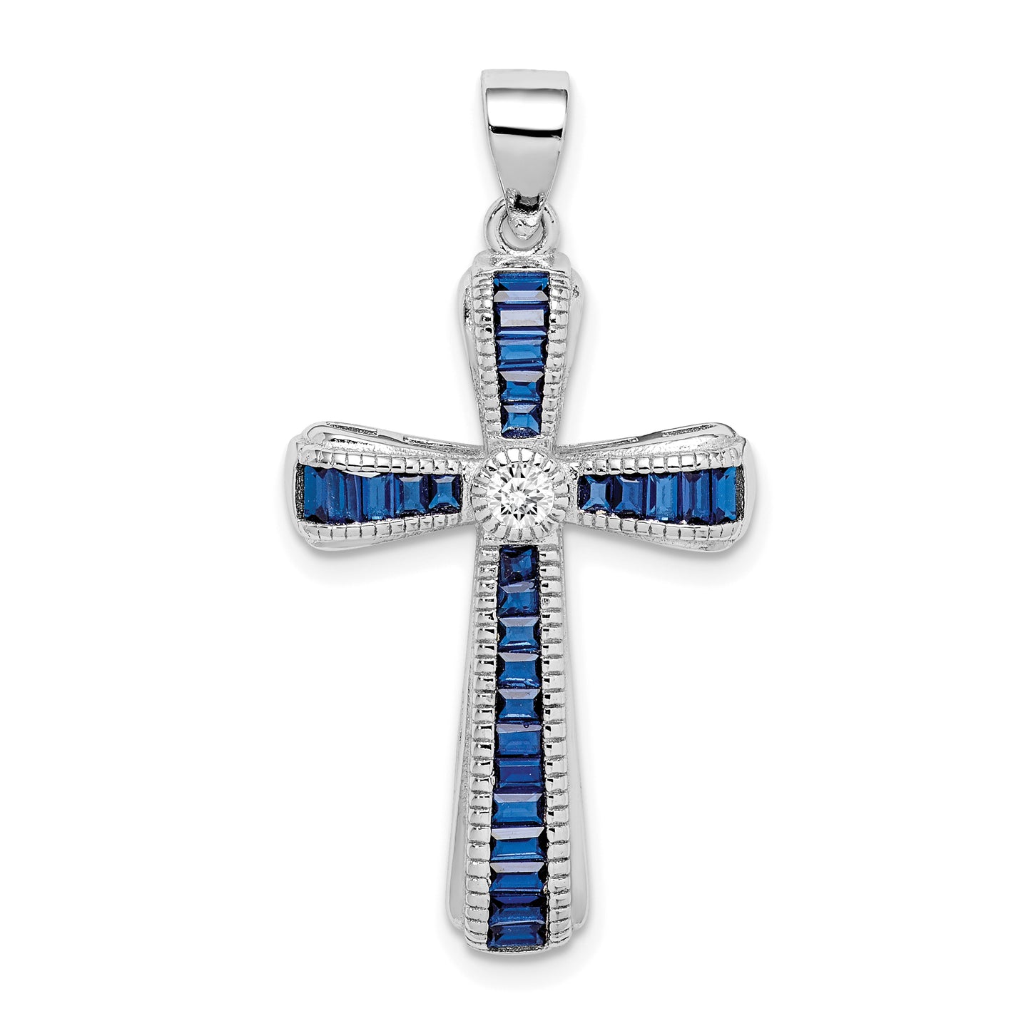 Sterling Silver Rhodium-plated CZ and Lab Cr. Blue Spinel Cross Pendant