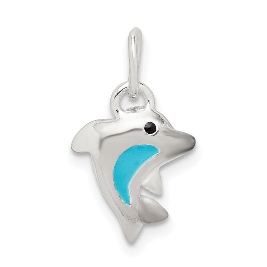 Sterling Silver Enamel Polished Dolphin Pendant