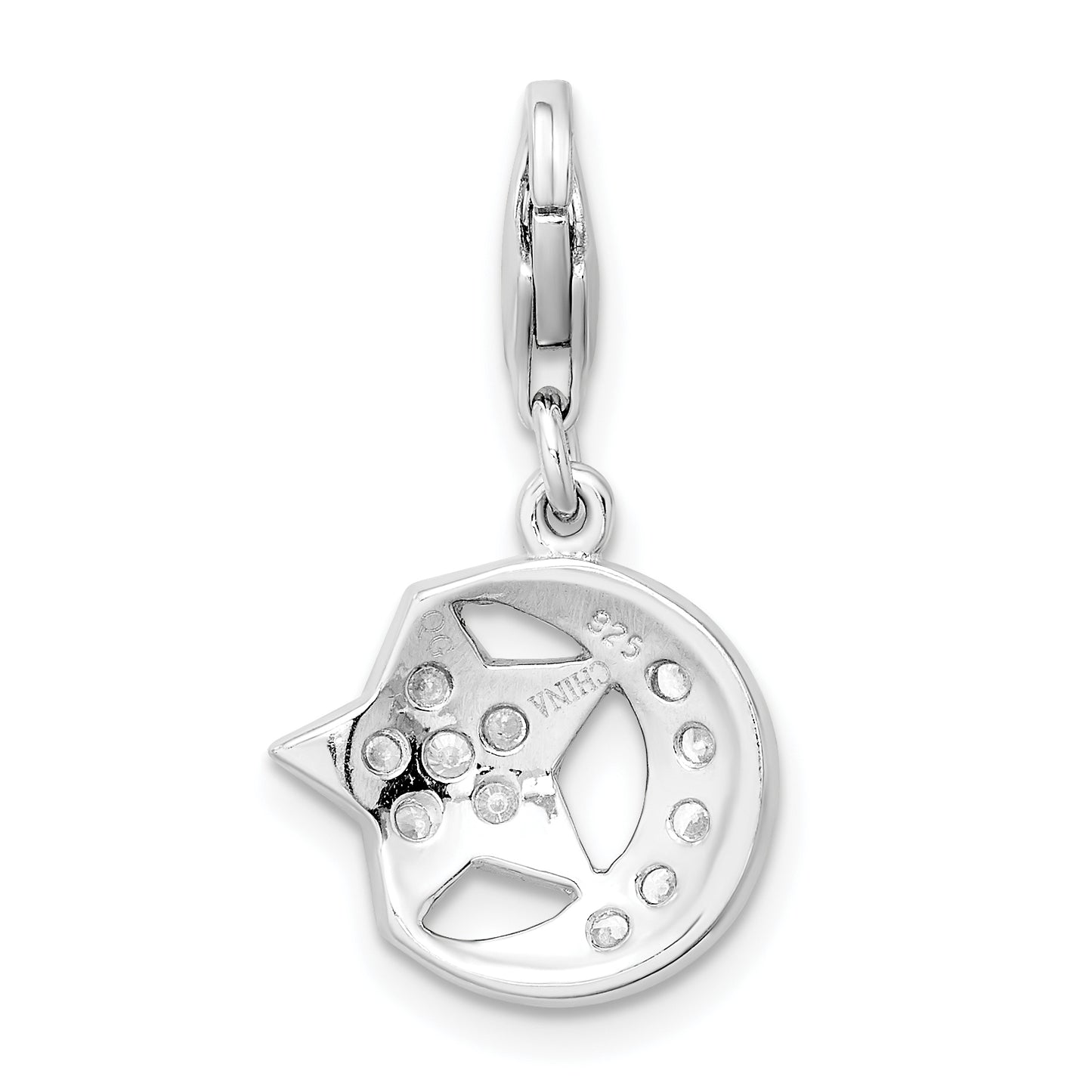 Amore La Vita Sterling Silver Rhodium-plated Polished CZ Moon and Star Charm with Fancy Lobster Clasp