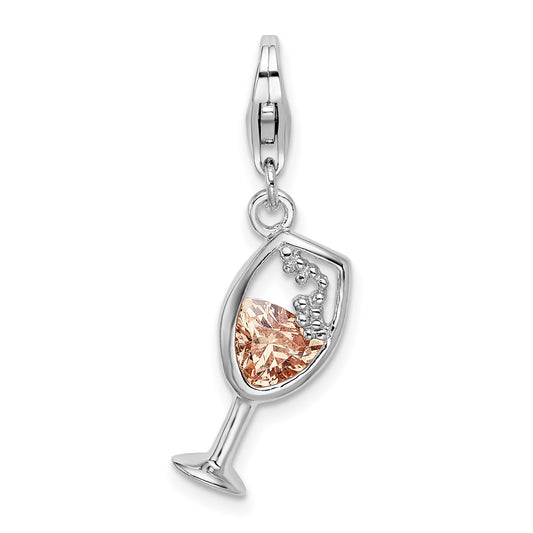Amore La Vita Sterling Silver Rhodium-plated Polished CZ Enameled Open Champagne Glass Charm with Fancy Lobster Clasp