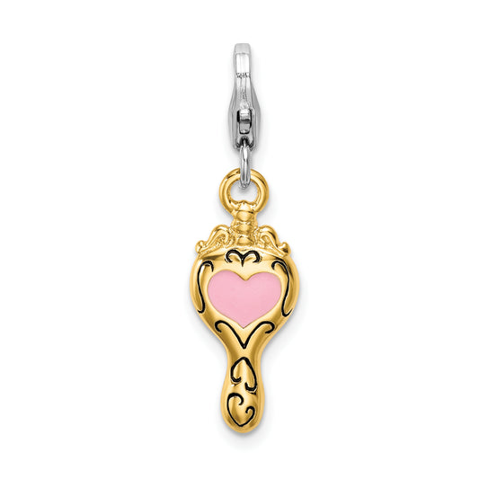 Amore La Vita Sterling Silver Rhodium-plated and Gold-plated Polished Enameled 3-D Heart Mirror Charm with Fancy Lobster Clasp
