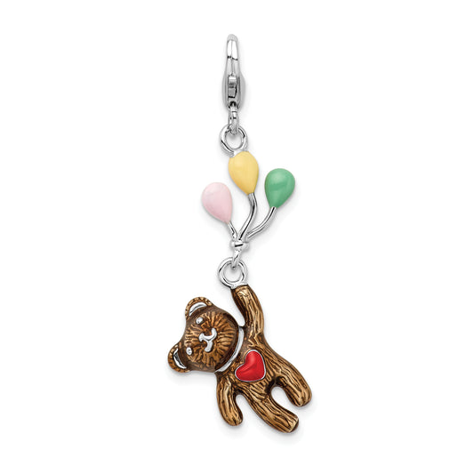 Amore La Vita Sterling Silver Rhodium-plated Polished 3-D Enameled Bear Holding Balloons Charm with Fancy Lobster Clasp