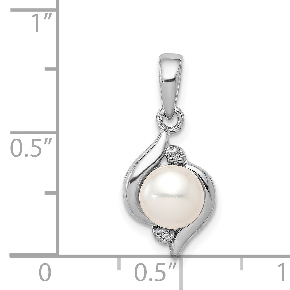 Sterling Silver Rhodium 6mm FW Cultured Pearl and Diamond Pendant