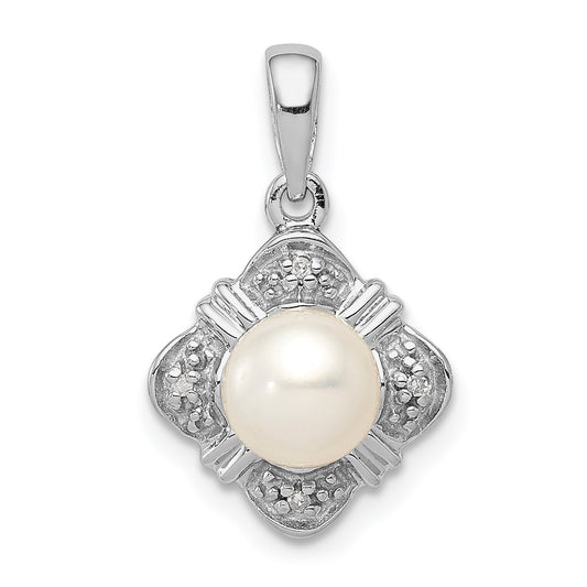 Sterling Silver Rhodium FW Cultured Pearl and Diamond Pendant