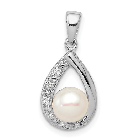 Sterling Silver Rhodium FW Cultured Pearl and Diamond Pendant