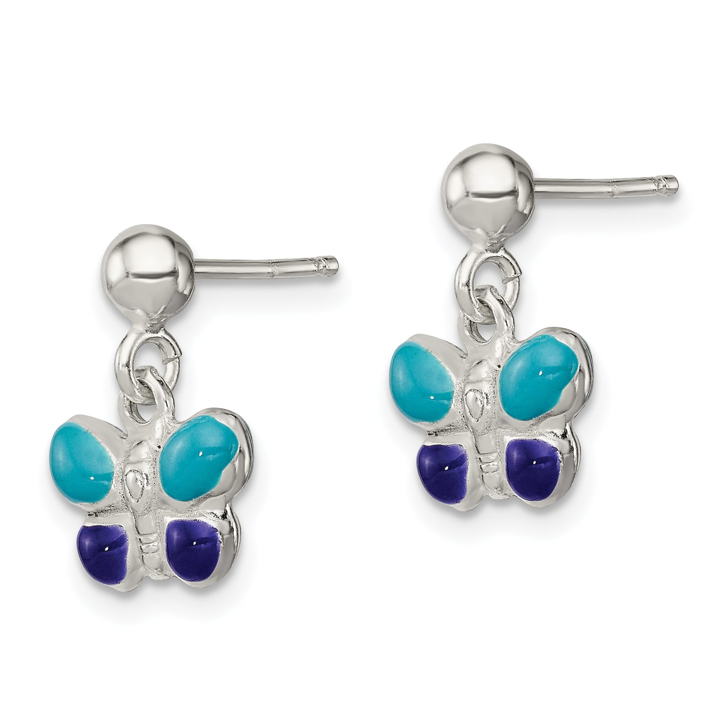 Sterling Silver Polished Blue and Purple Enameled Butterfly Children's Post Dangle Earrings