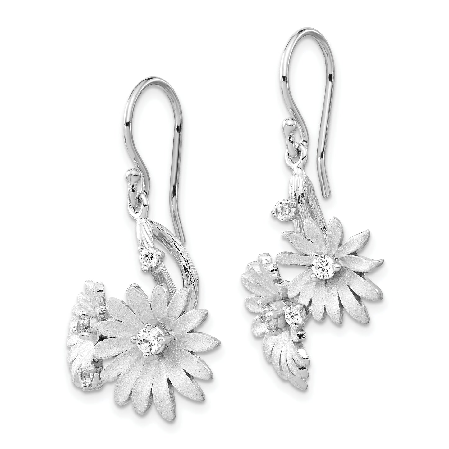 Sterling Silver Polished and Satin CZ Flower Dangle Earrings