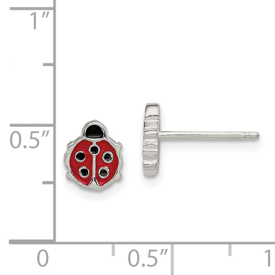 Sterling Silver Polished and Enameled Ladybug Post Earrings