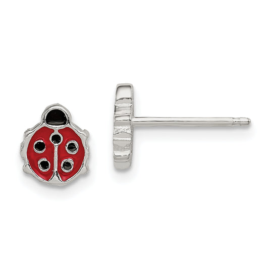 Sterling Silver Polished and Enameled Ladybug Post Earrings