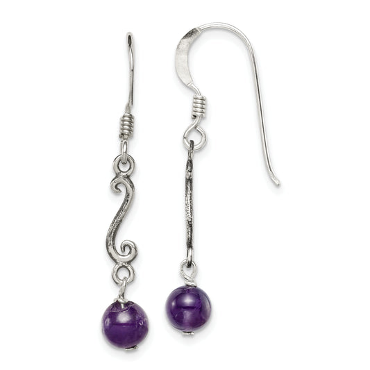 Sterling Silver Polished and Antiqued Amethyst Swirl Dangle Earrings