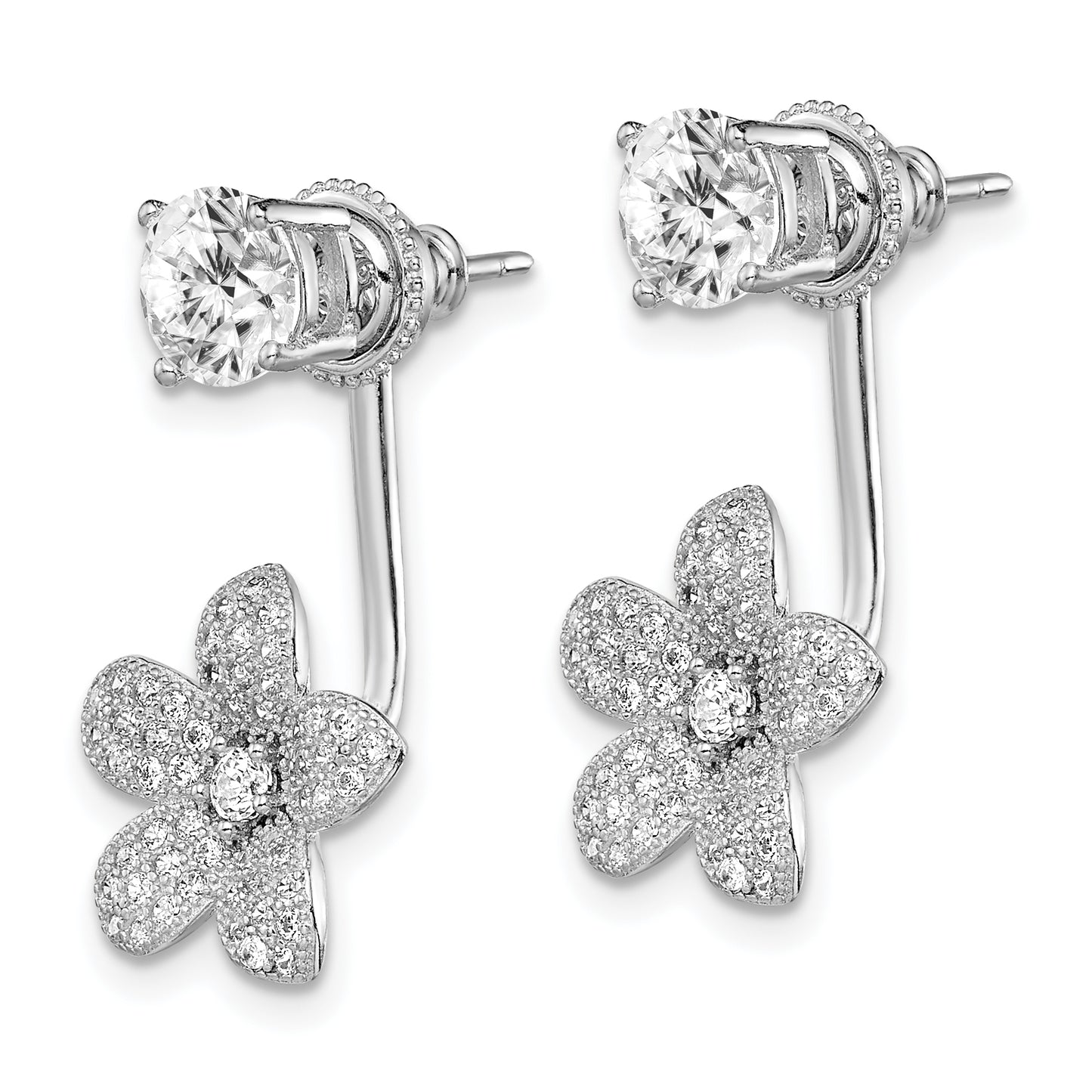 Sterling Silver Rhodium-plated CZ Studs with CZ Flower Jacket Earrings