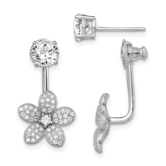 Sterling Silver Rhodium-plated CZ Studs with CZ Flower Jacket Earrings
