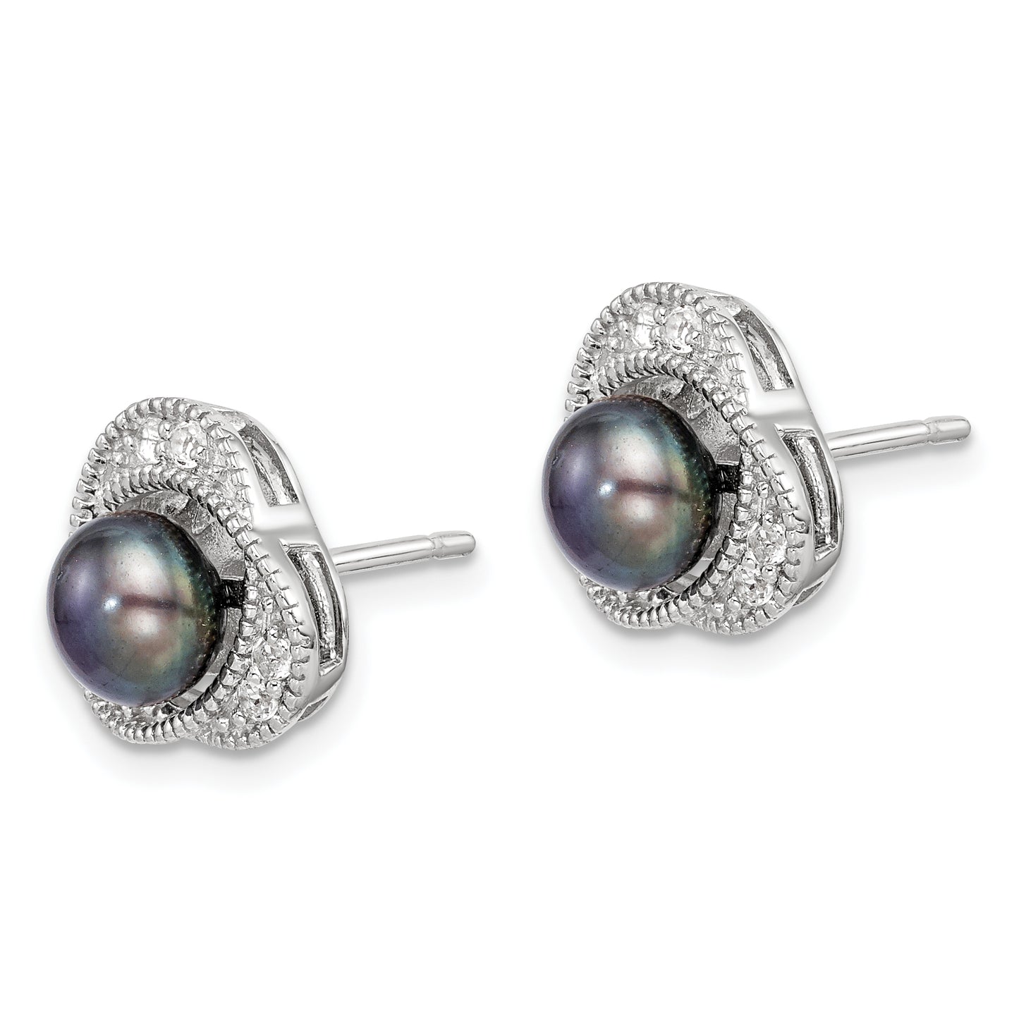 Sterling Silver Polished Black 6-7mm Freshwater Cultured Pearl and White Topaz Post Earrings