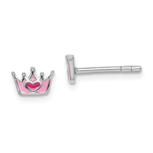 Sterling Silver Rhodium-plated Polished and Pink Enameled Heart Crown Children's Post Earrings