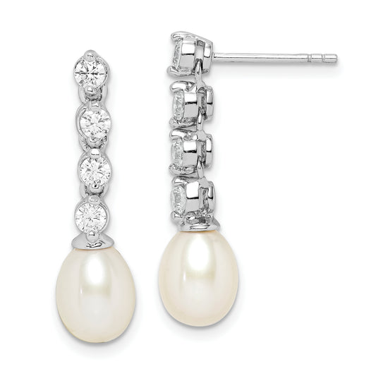 Sterling Silver Rhodium-plated 7-8mm White Rice FWC Pearl CZ Earrings