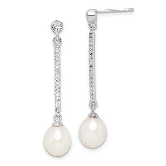 Sterling Silver Rhodium-plated 8-9mm White Rice FWC Pearl CZ Earrings