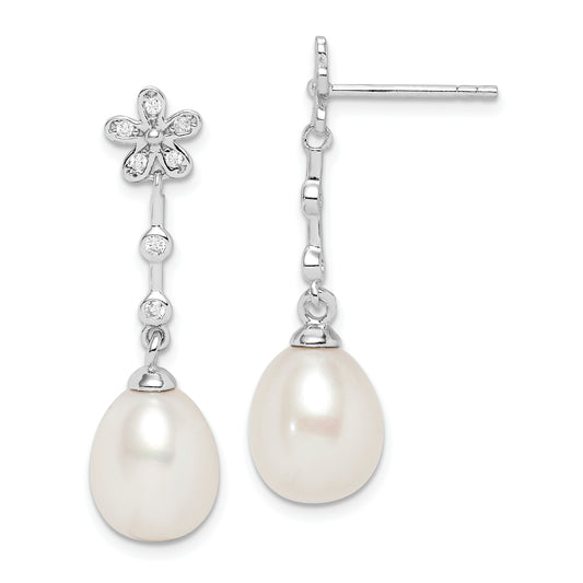 Sterling Silver Rhodium-plated 8-9mm White Rice FWC Pearl CZ Earrings