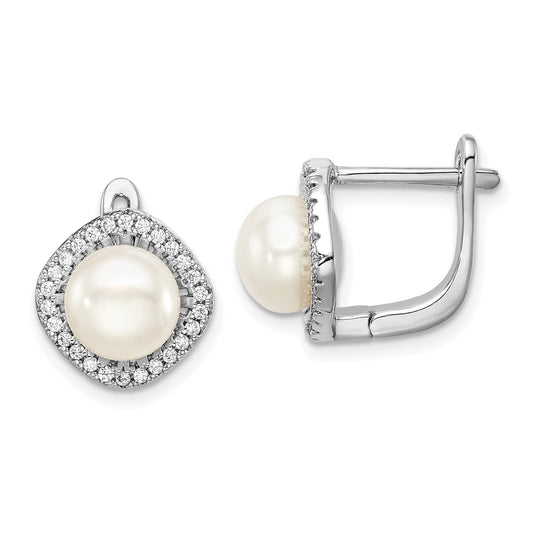 Sterling Silver Rhodium-plated 7-8mm White Button FWC Pearl CZ Earrings