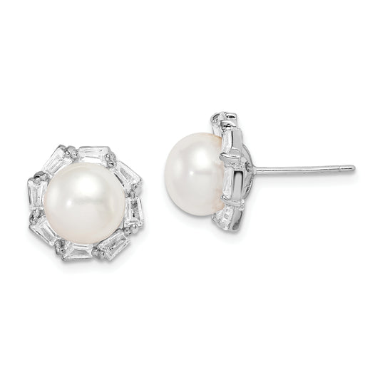 Sterling Silver Rhod-plat 8-9mm White Button FWC Pearl CZ Earrings