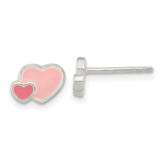 Sterling Silver Pink/ Hot Pink Enamel Double Heart Post Earrings