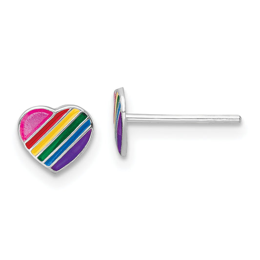 Sterling Silver Rhodium-plated Polished Rainbow Enameled Heart Children's Post Earrings