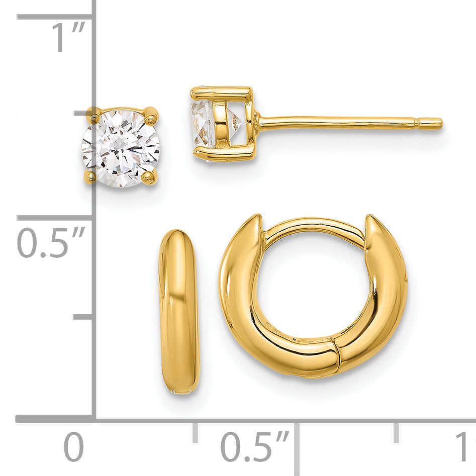 Sterling Silver Gold-tone 2.5mm Huggie Hoops/5mm CZ Stud Earrings Set