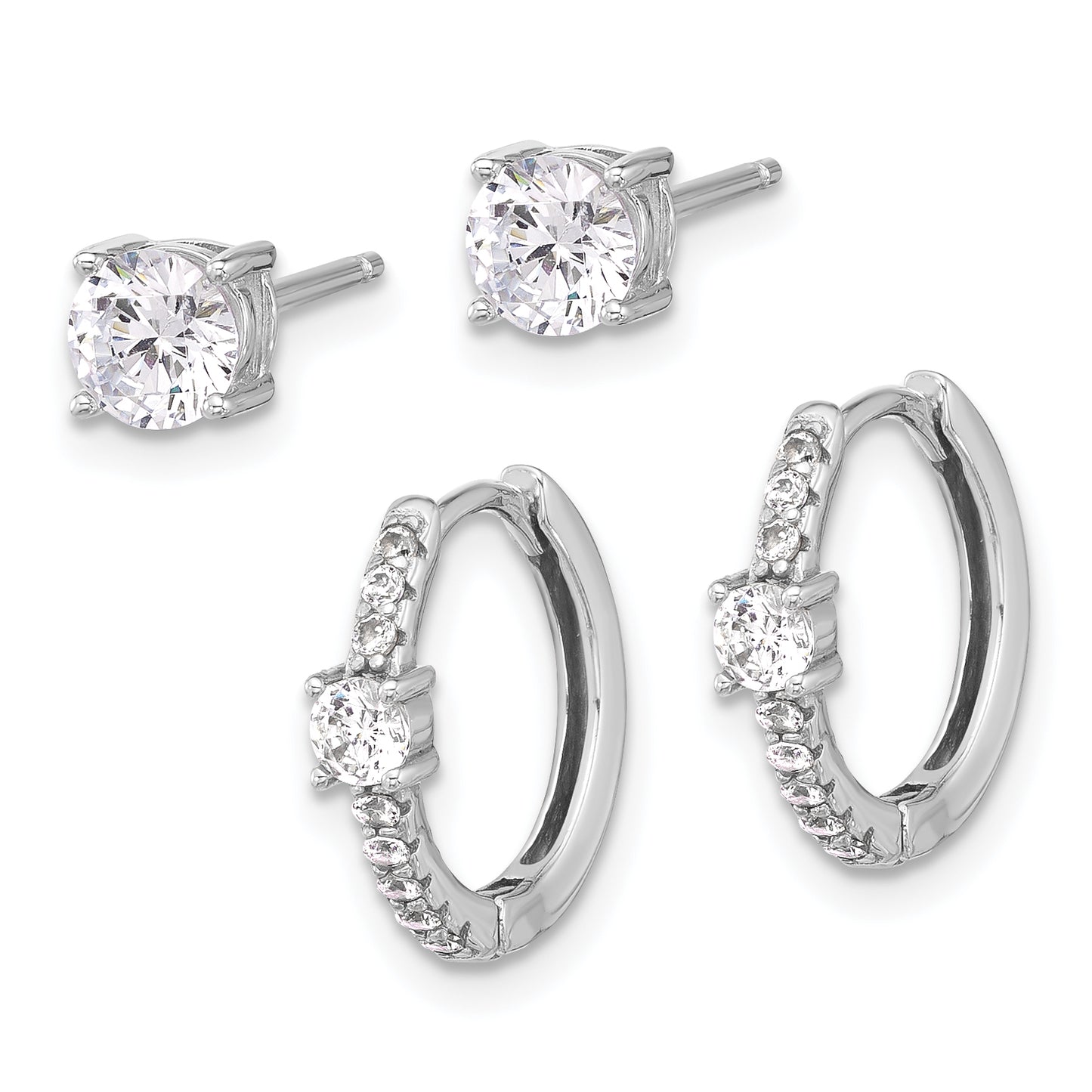 Sterling Silver RH-plated 5mm CZ Studs and Hinged Hoop Earring Set