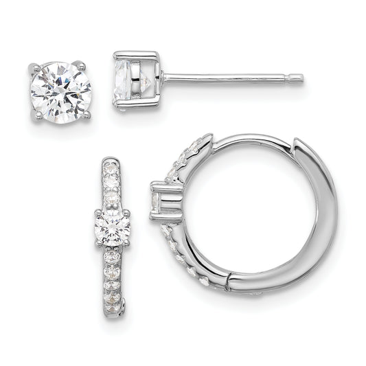 Sterling Silver RH-plated 5mm CZ Studs and Hinged Hoop Earring Set