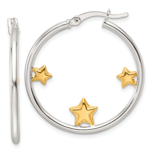 Sterling Silver and Gold-tone Stars Hoop Earrings