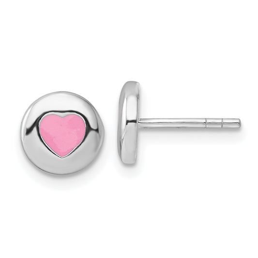 Sterling Silver Rhodium-plated Pink Enameled Heart Circle Children's Post Earrings