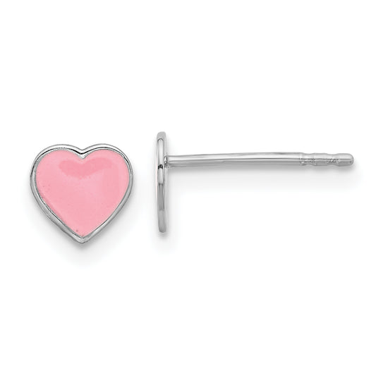 Sterling Silver Rhodium-plated Children's Pink Enamel Heart Post Earrings