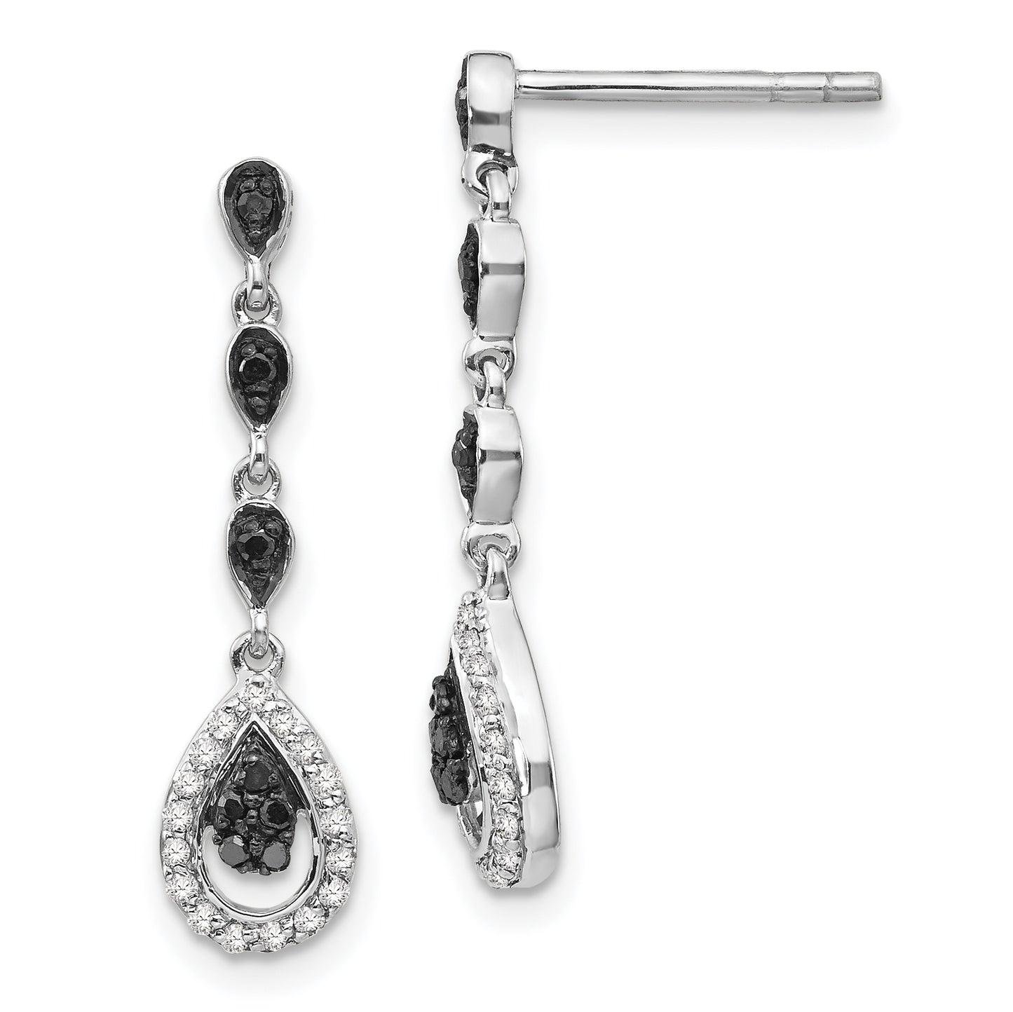 White Night Sterling Silver Rhodium-plated Black and White Diamond Teardrop Post Dangle Earrings