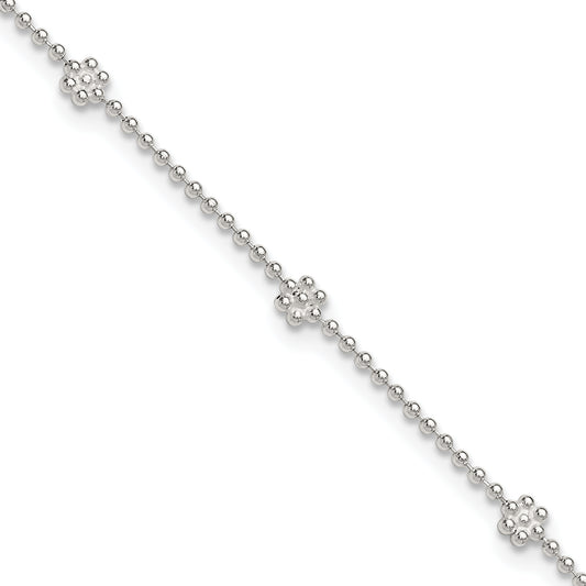 Sterling Silver 9in Plus 1in ext Polished Flower Anklet