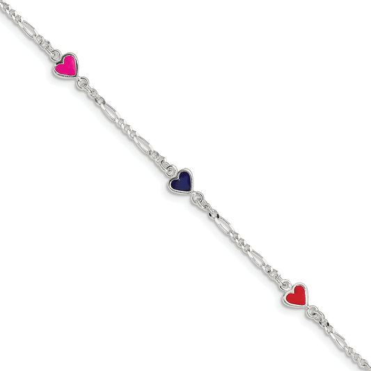 Sterling Silver Polished and Multi-color Enameled Hearts with 1 Inch Extension Children's Bracelet