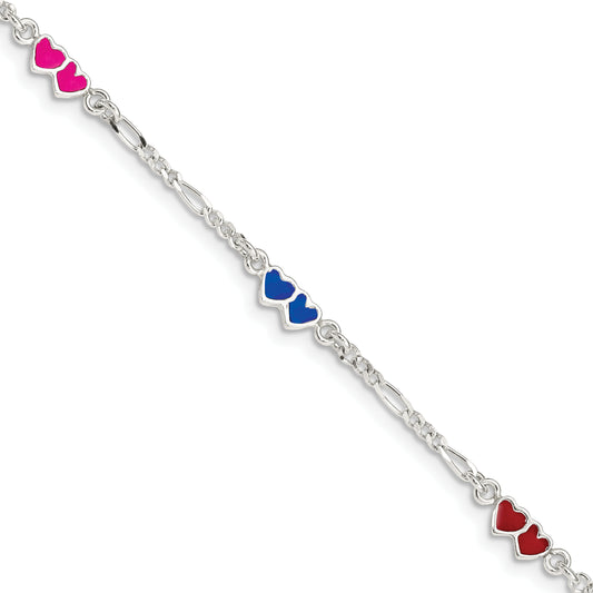 Sterling Silver Polished and Multi-color Enameled Double Heart with 1 Inch Extension Children's Bracelet