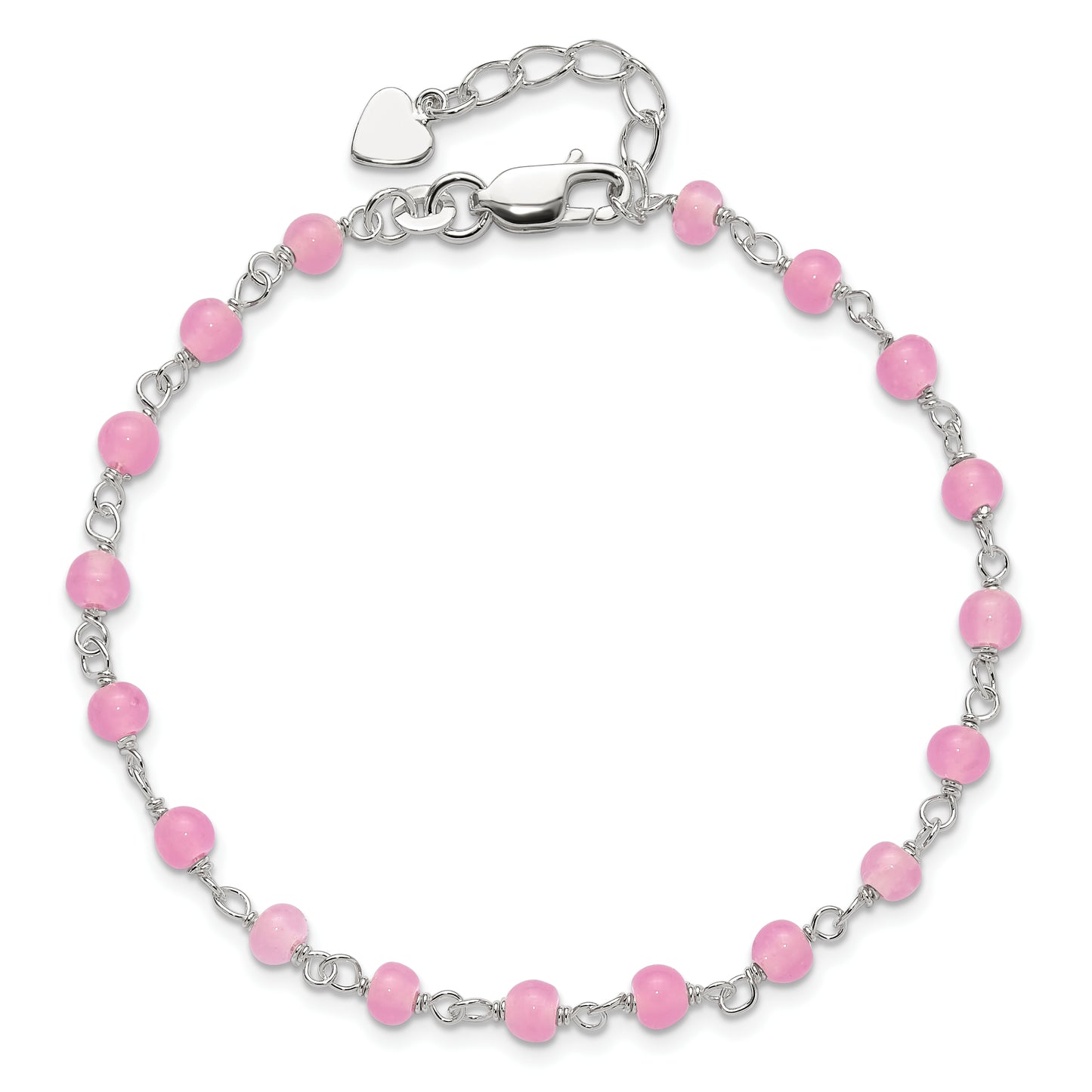 Sterling Silver Pink Glass Bead with Heart 8in Plus 1in ext Anklet