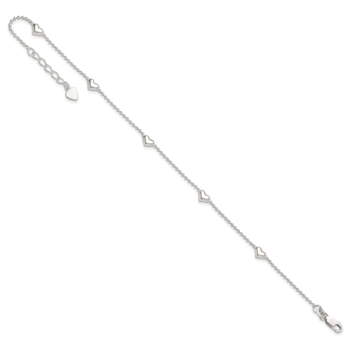 Sterling Silver Dangling Heart 9in Plus 1in ext Anklet