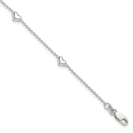 Sterling Silver Dangling Heart 9in Plus 1in ext Anklet