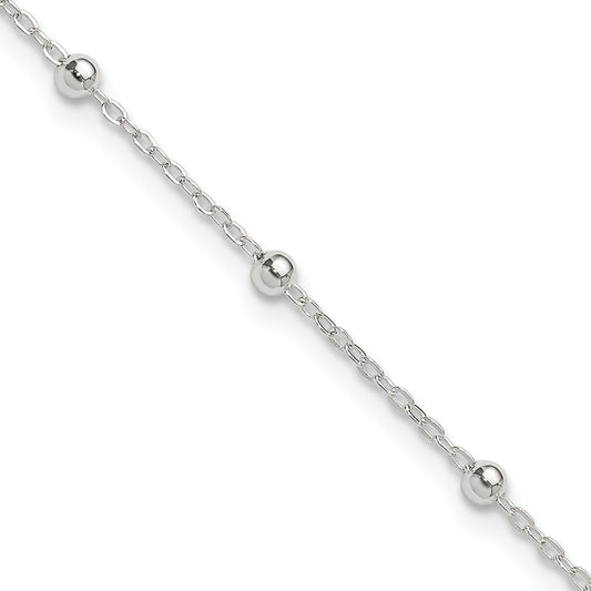 Sterling Silver 1mm Beaded Chain 10in Plus 1in ext. Anklet