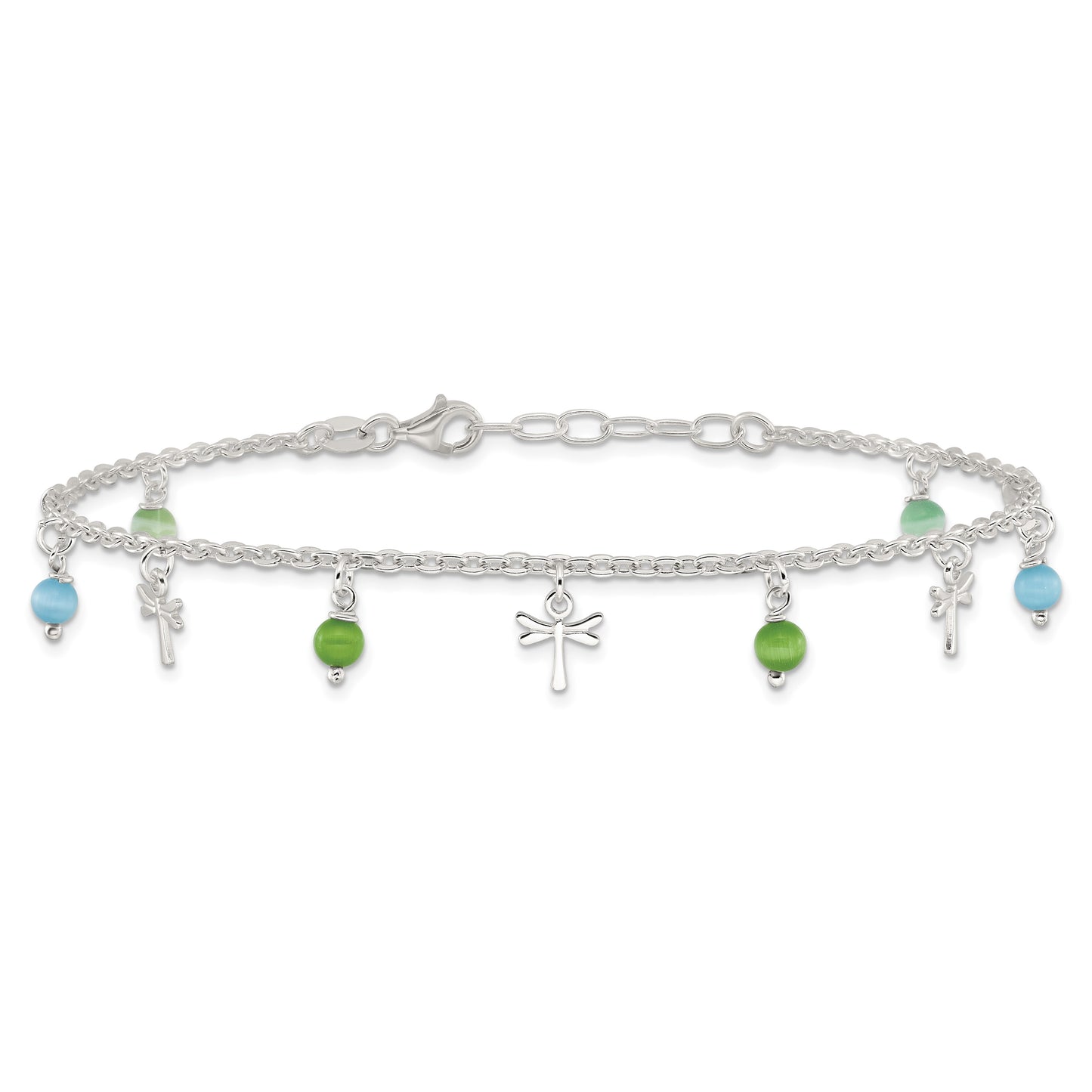 Sterling Silver Dragonfly with Aqua Green Beads with 1ext Anklet