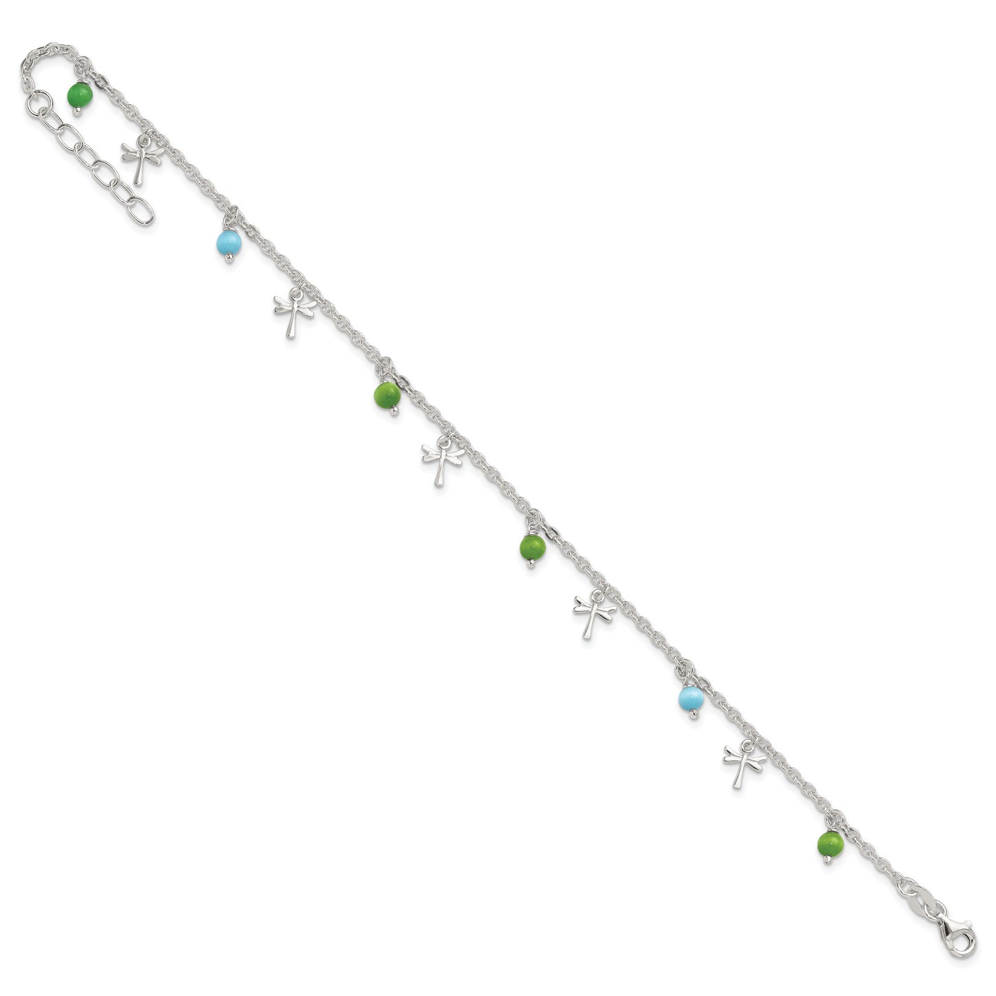 Sterling Silver Dragonfly with Aqua Green Beads with 1ext Anklet