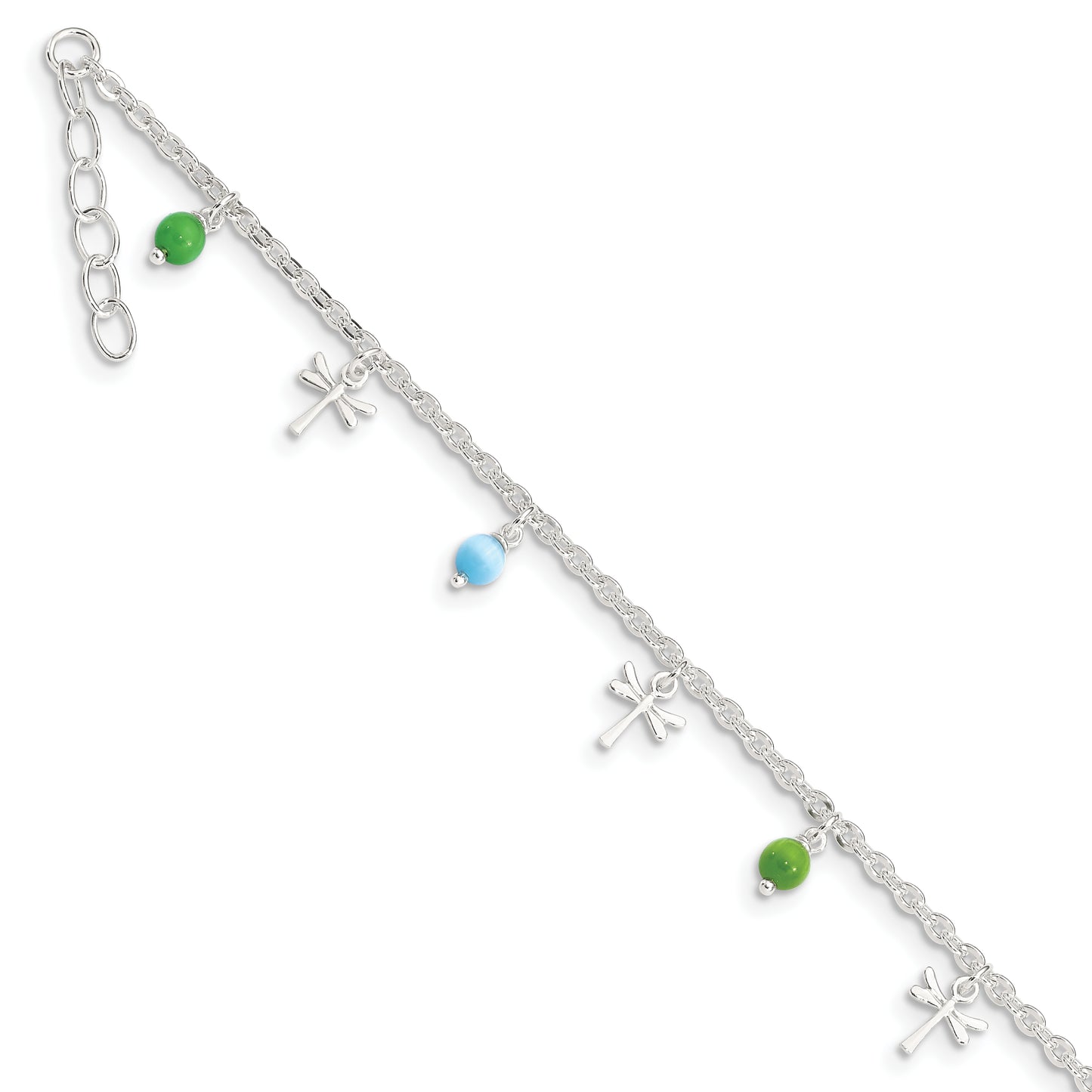 Sterling Silver Dragonfly with Aqua and Green Beads with 1in ext. Anklet