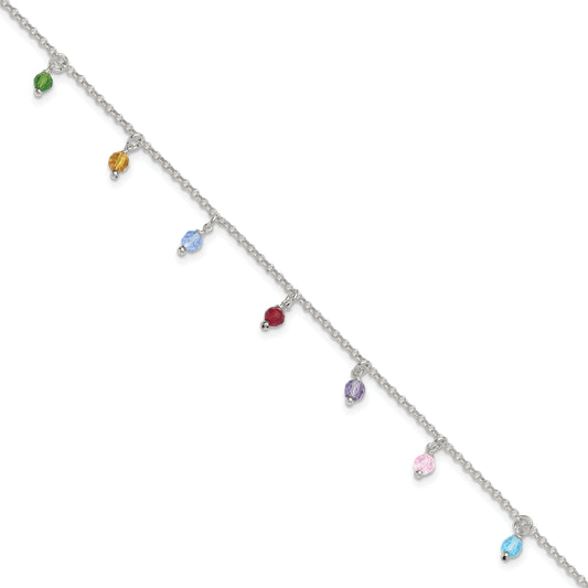 Sterling Silver Polished Multi-colored Beads 10in Plus 1in ext. Anklet