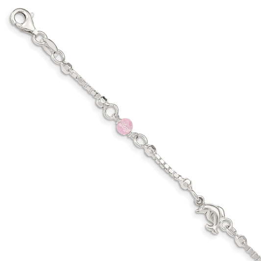 Sterling Silver Pink Glass Children's Dolphin 5in Plus 1in ext Bracelet