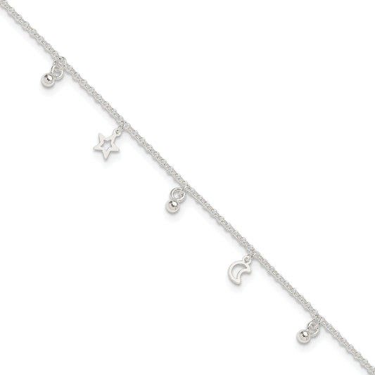 Sterling Silver Polished Bead Star and Moon 9in Plus 1in Ext. Anklet