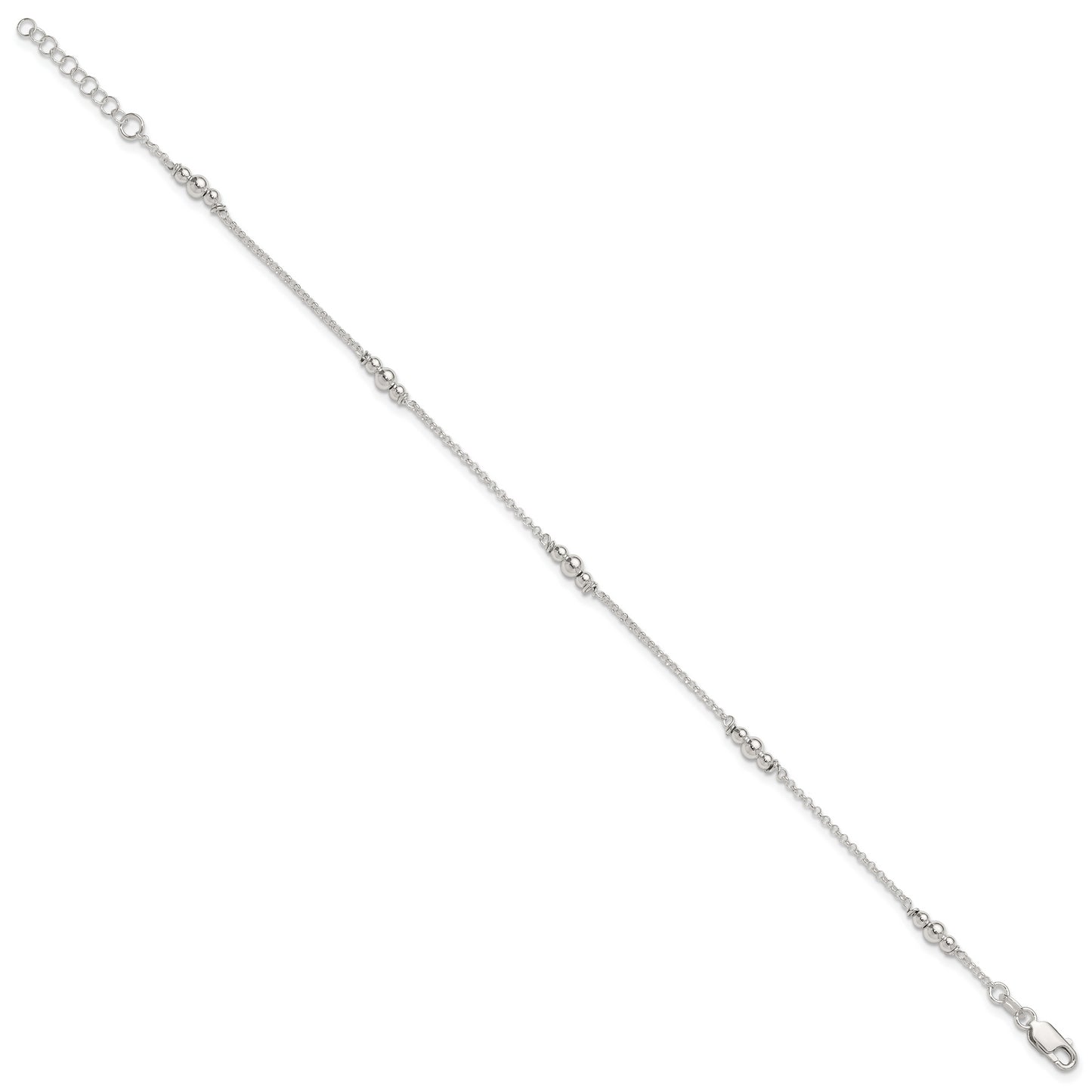 Sterling Silver Polished Bead 9in Plus 1in ext. Anklet