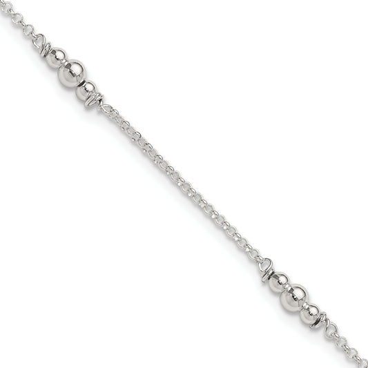 Sterling Silver Polished Bead 10in Plus 1in ext. Anklet