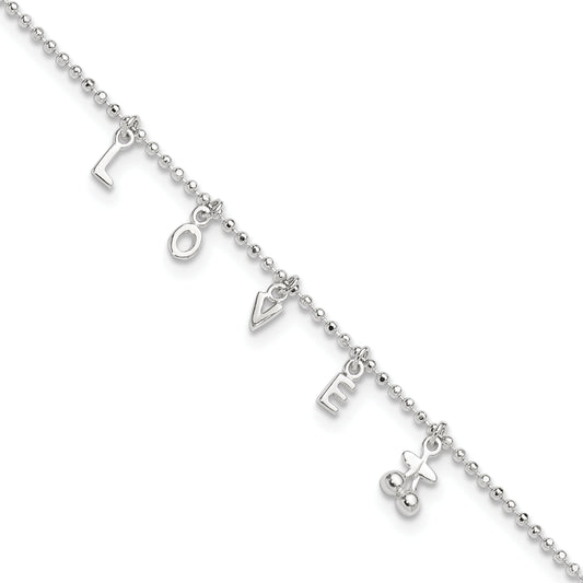 Sterling Silver LOVE 10 in Plus1 in Ext. Anklet