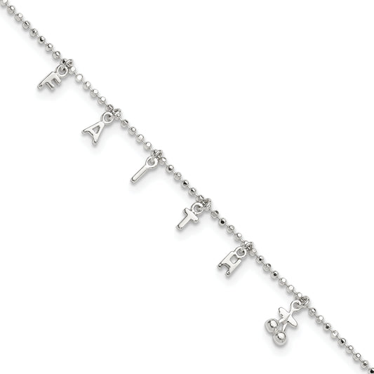 Sterling Silver FAITH 10in Plus 1in Ext. Anklet