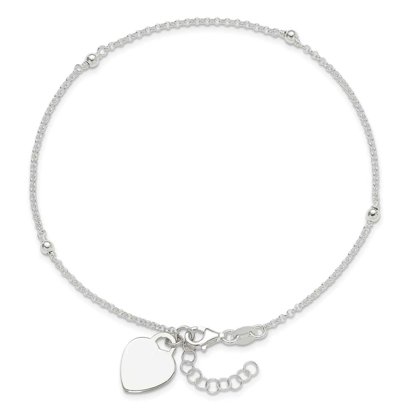 Sterling Silver Polished Bead and Heart 9in Plus 1in Ext. Anklet